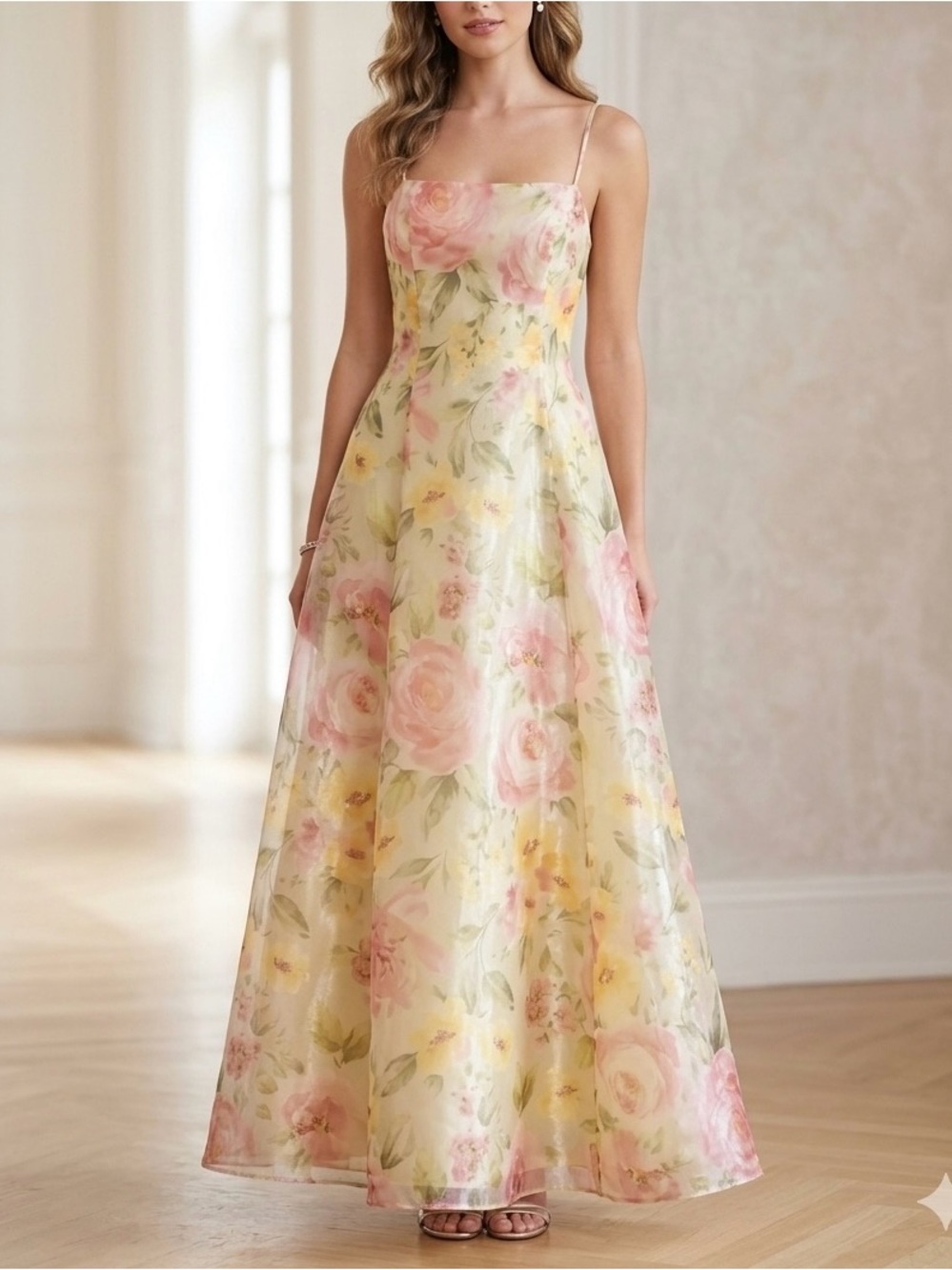 Vintage Jessica McClintock Bridal Floral Maxi Dress Size 8 Wedding Organza
